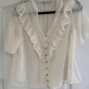 Zara Ivory Sheer Ruffled Blouse